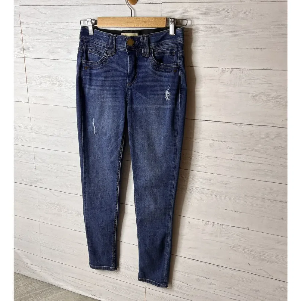 Democracy Jeans Womens Size 2 Blue Ab Technology Distressed Skinny Whiskering
